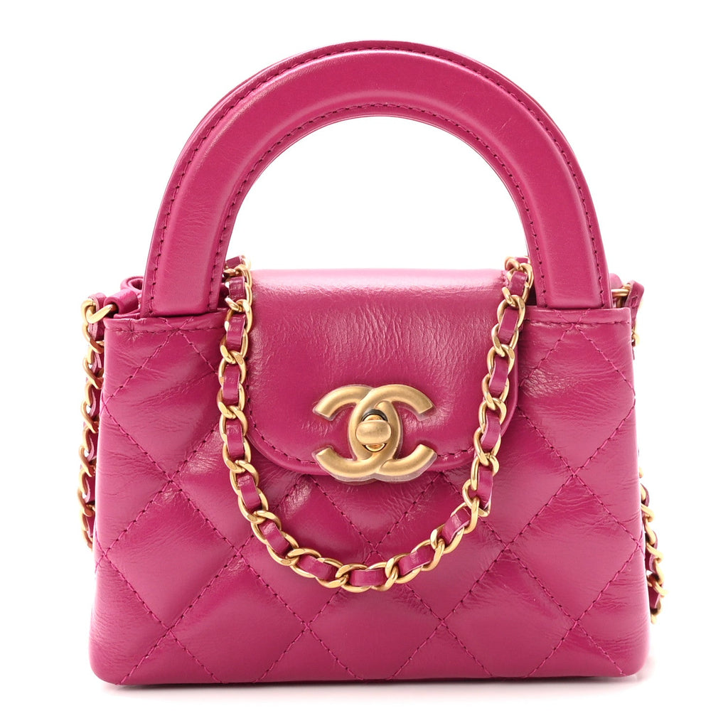 Shiny Aged Calfskin Quilted Mini Nano Kelly Shopper Dark Pink