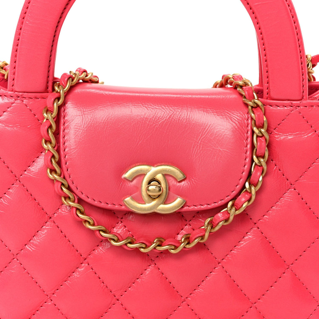 Shiny Aged Calfskin Quilted Nano Kelly Shopper Fuchsia