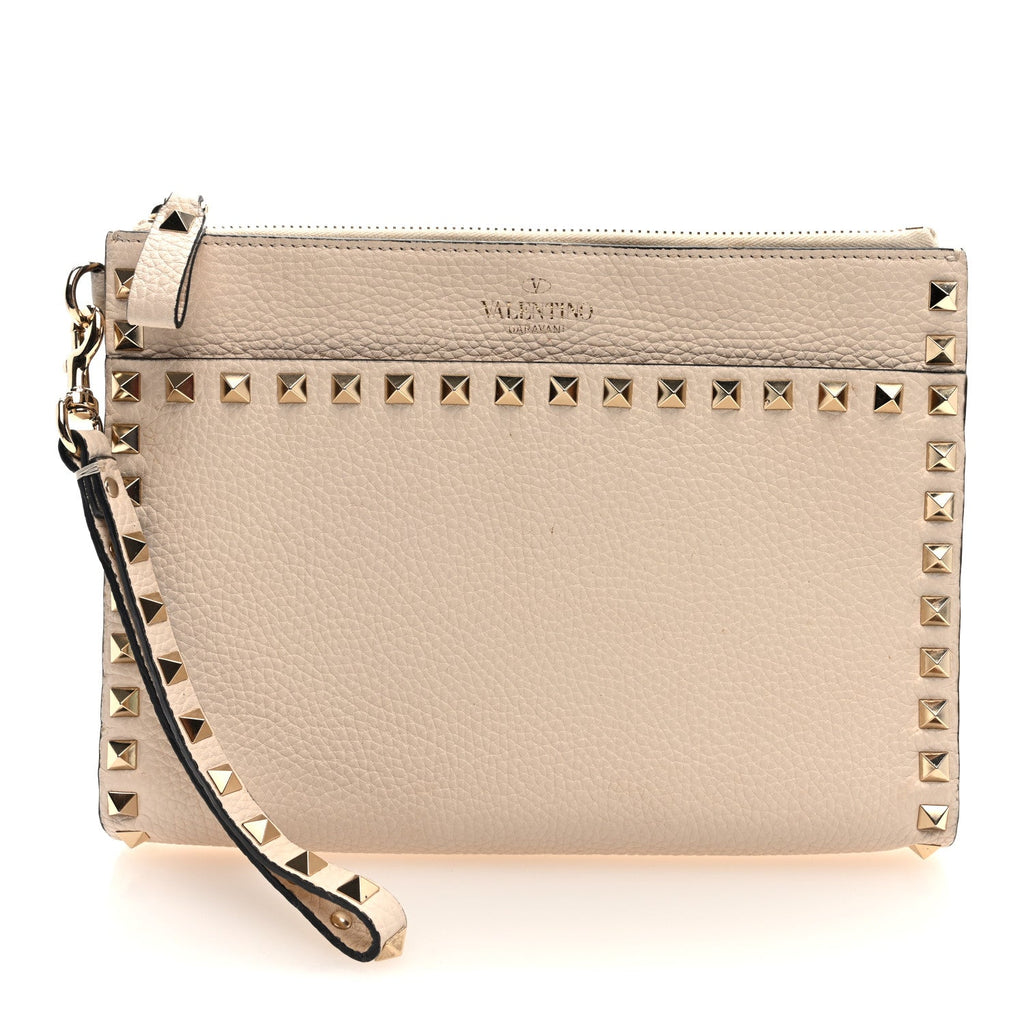 Pebbled Calfskin Rockstud Wristlet Clutch White