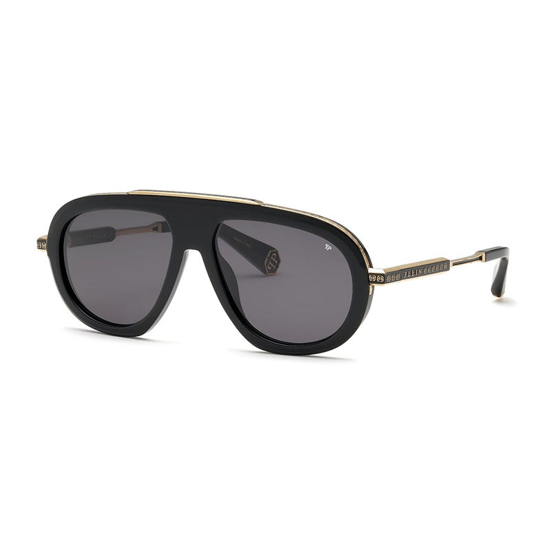 Philipp Plein Sunglasses Aviator Full Rim, Shiny Black/Gold Frame and Grey Lens SPP151M0700