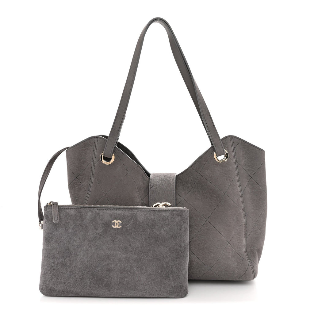 Grained Nubuck Caviar Quilted Large Shopping Bag Grey