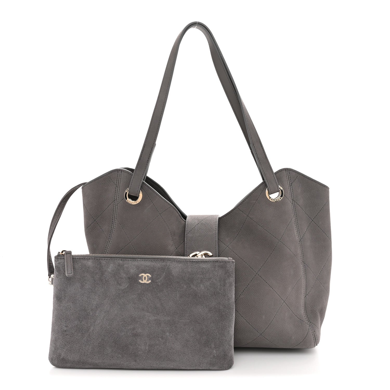 Grained Nubuck Caviar Quilted Large Shopping Bag Grey