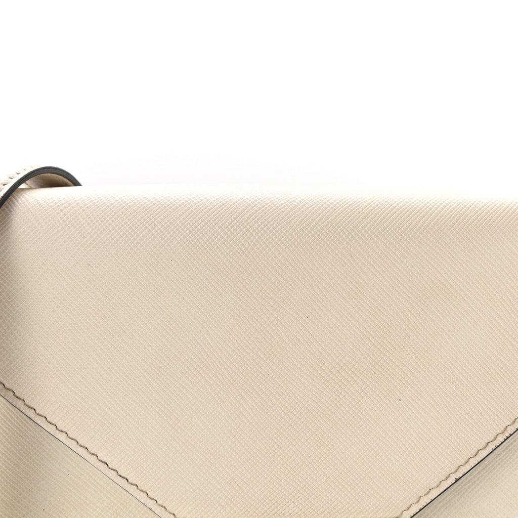 Saffiano Lux Metal Triangle Logo Mini Envelope Chain Shoulder Bag White