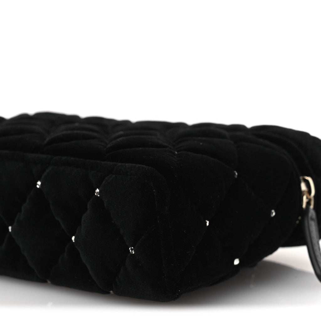 Velvet Diamanté Quilted Top Handle Slim Vanity Case With Chain Black