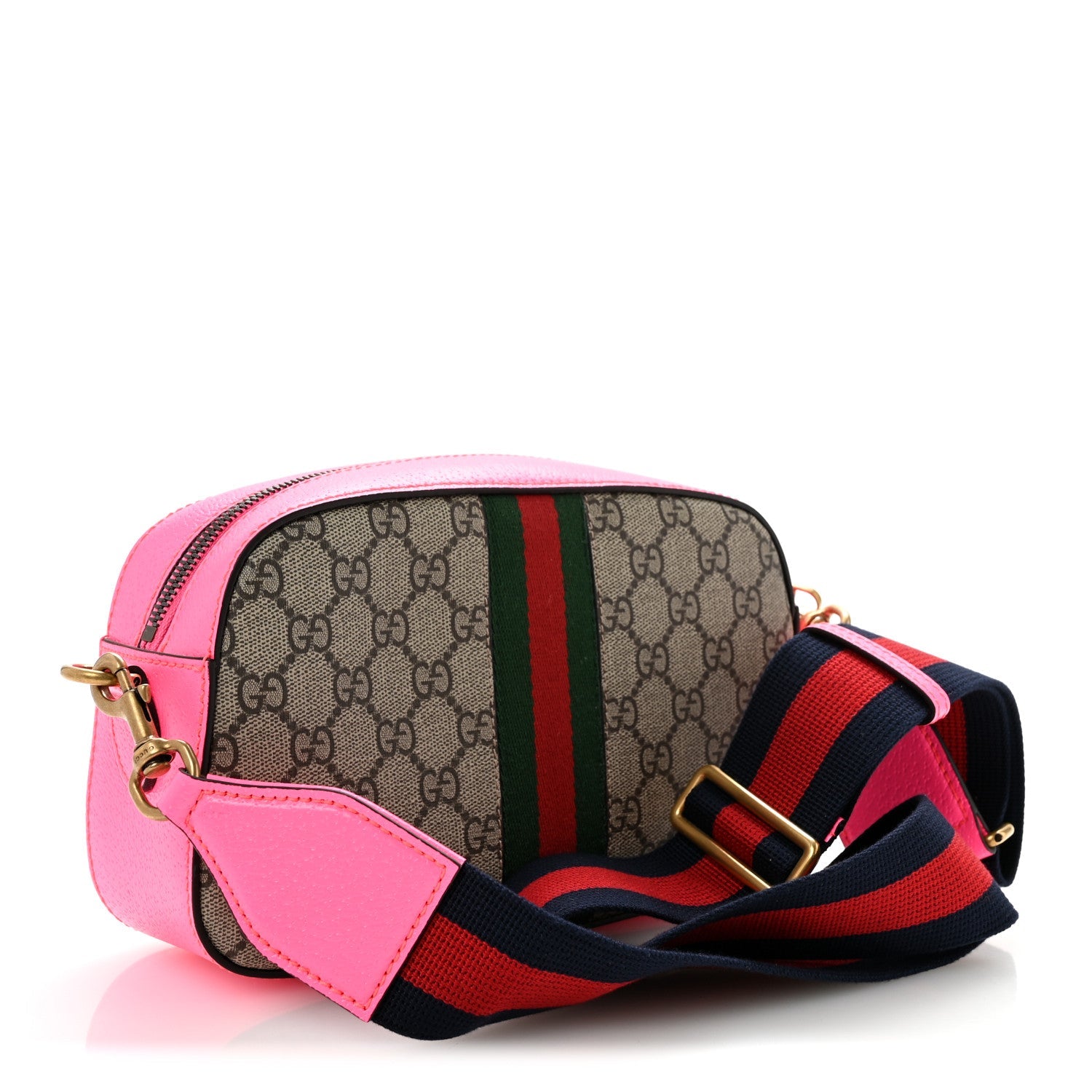 GG Supreme Monogram Textured Dollar Calfskin Web Ophidia Small Crossbody Bag Beige Ebony Fuchsia
