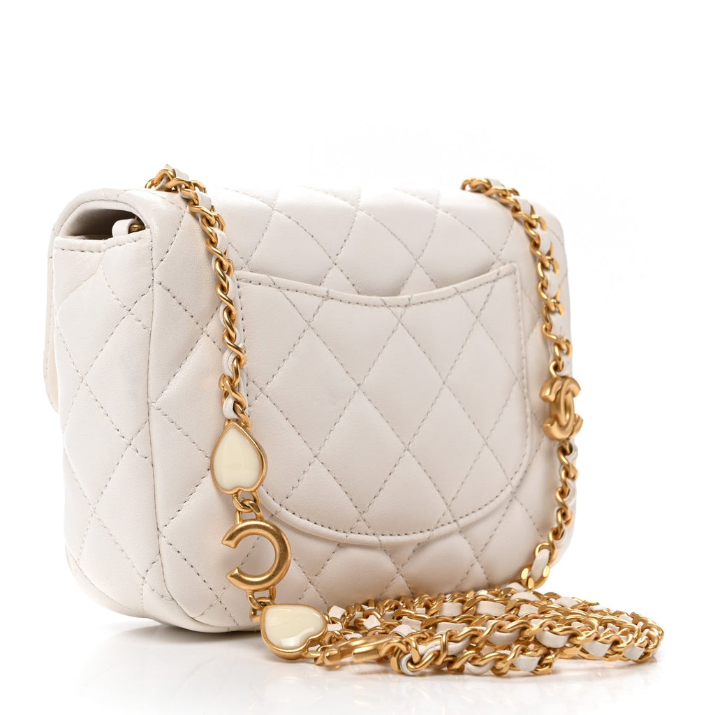 Lambskin Enamel Quilted Mini Coco Hearts Square Flap White