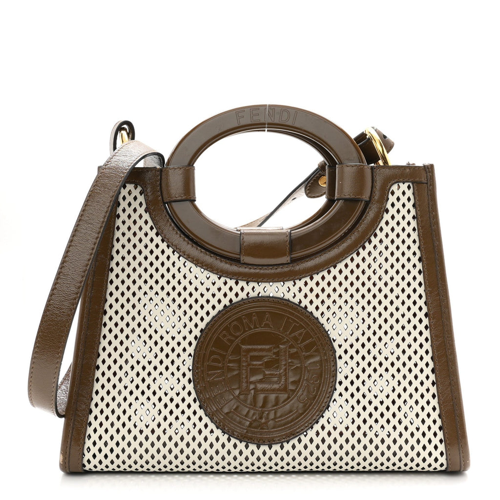 Vitello Liberty Glossy Lambskin Perforated Small Runaway Shopper Tote White Ice Rust Maya