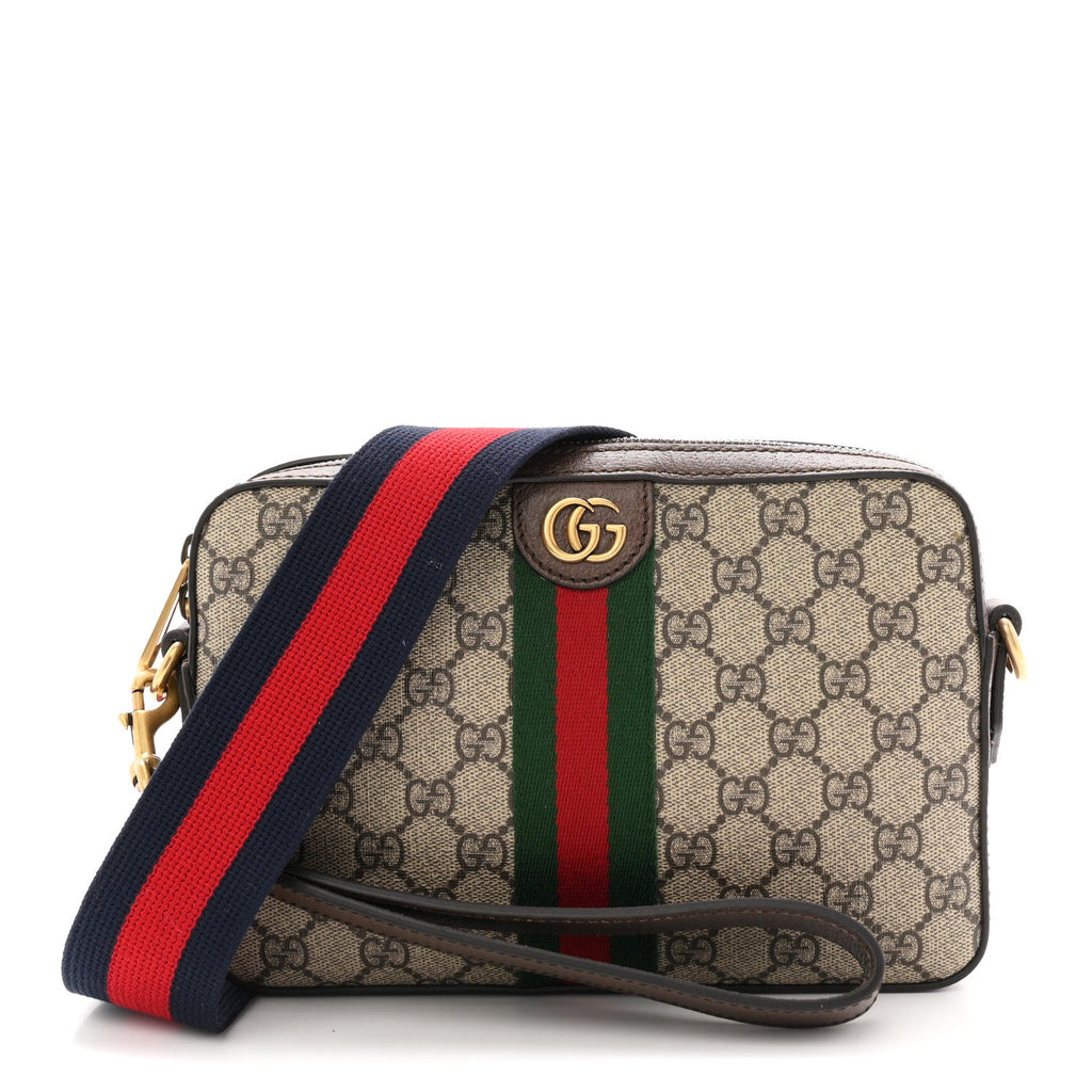 GG Supreme Monogram Textured Dollar Calfskin Web Ophidia Wristlet Shoulder Bag Beige Ebony New Acero