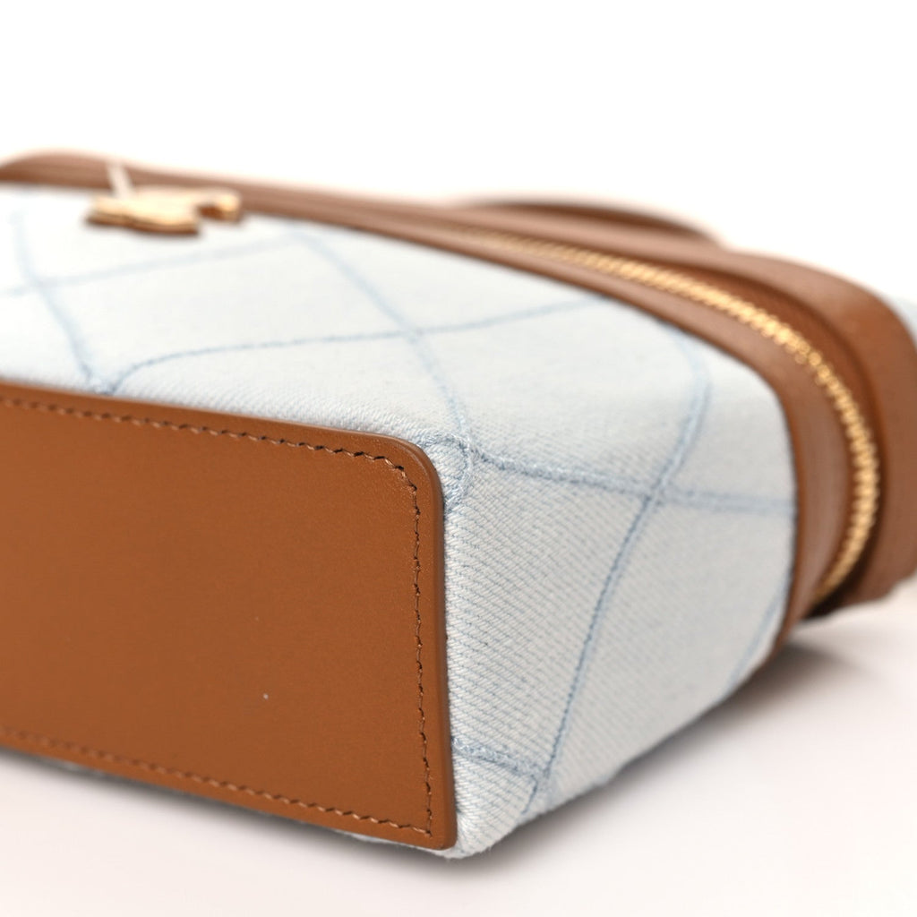 Washed Denim Calfskin Quilted Top Handle Slim Vanity Case With Chain Blue Brown Blue Brown