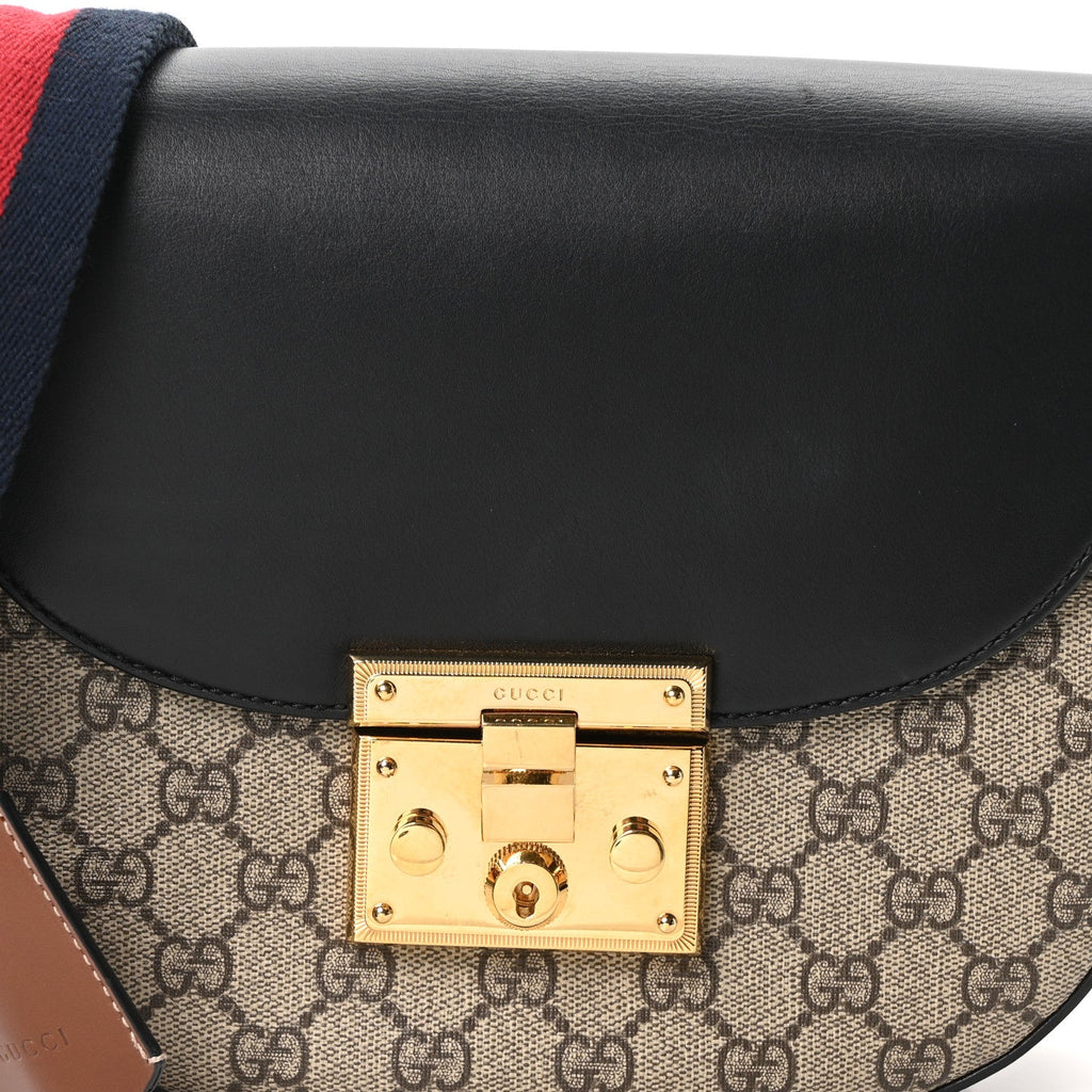 GG Supreme Monogram Web Medium Padlock Messenger Shoulder Bag Black