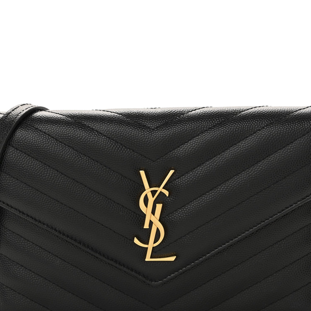 Grain De Poudre Matelasse Chevron Monogram Envelope Chain Wallet Black