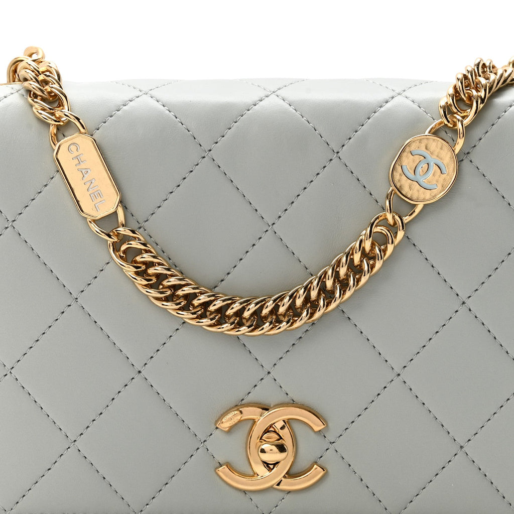 Calfskin Quilted Enamel Chain Flap Grey