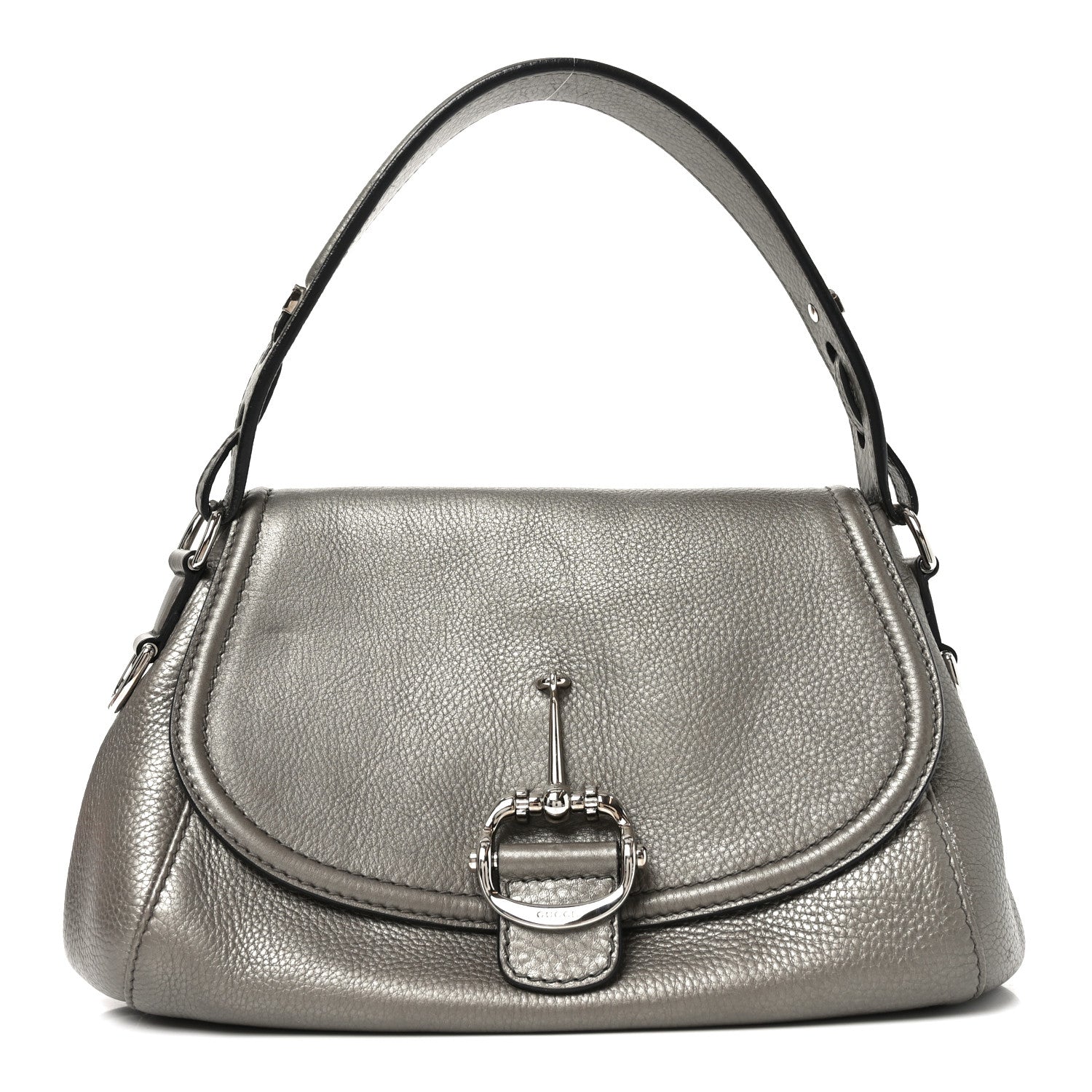 Pebbled Calfskin Medium Techno Horsebit Shoulder Flap Bag Grey