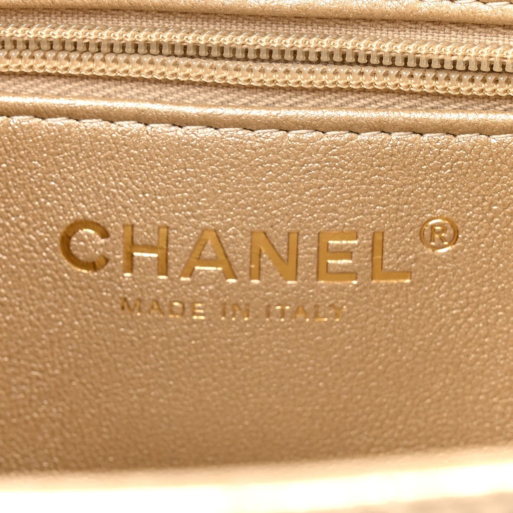 Metallic Shiny Aged Calfskin Quilted Nano Kelly Shopper Gold