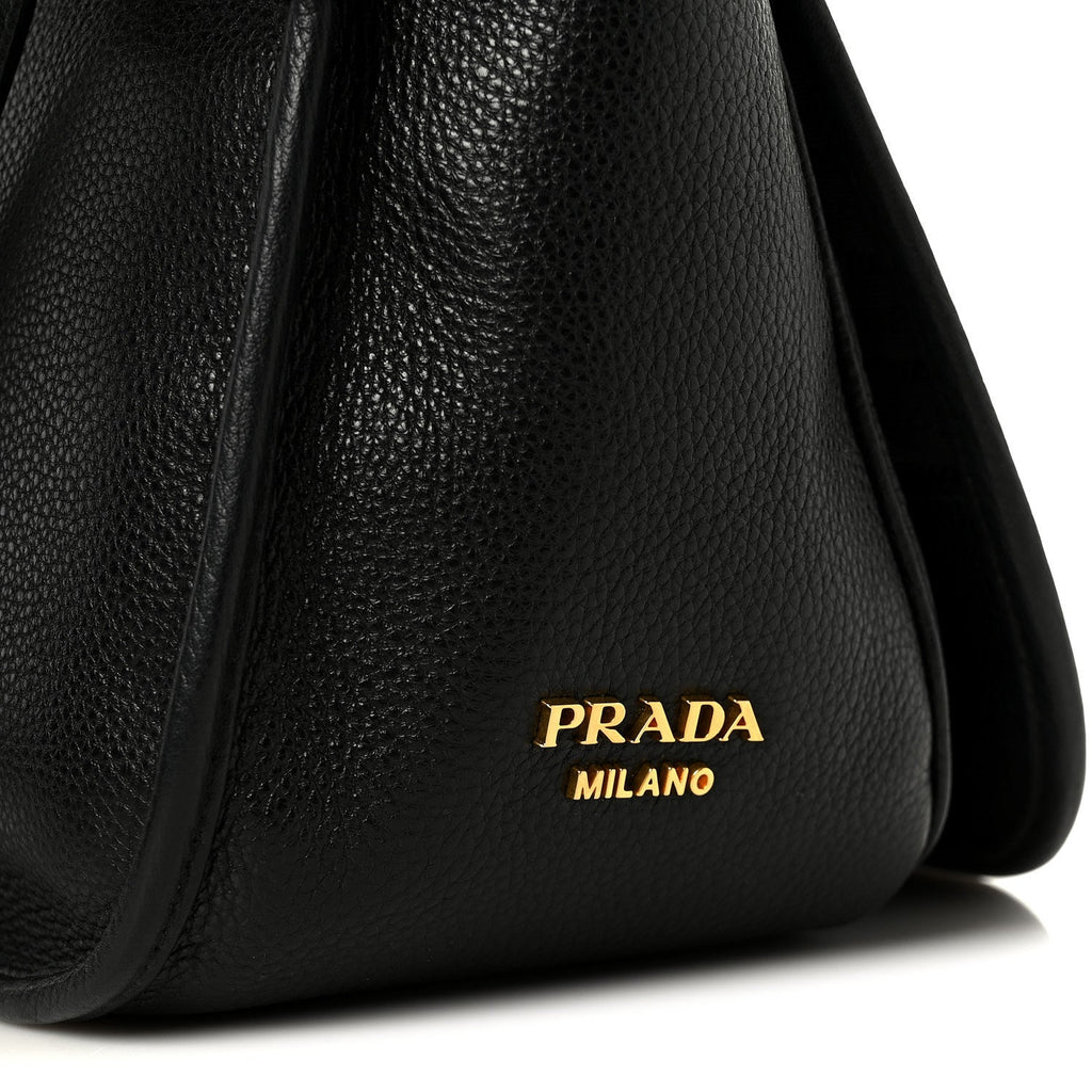 Vitello Daino Embossed Logo Flap Shoulder Bag Black