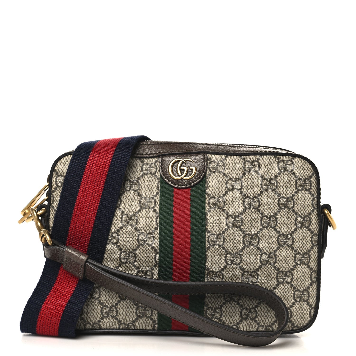 GG Supreme Monogram Textured Dollar Calfskin Web Ophidia Wristlet Shoulder Bag Beige Ebony New Acero