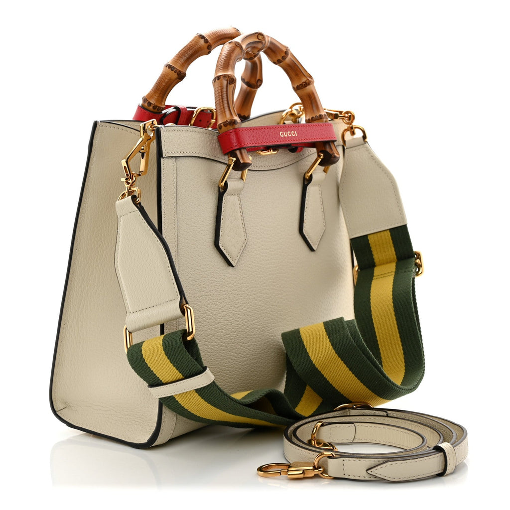 Textured Dollar Calfskin Web Small Diana Tote Bag Mystic White