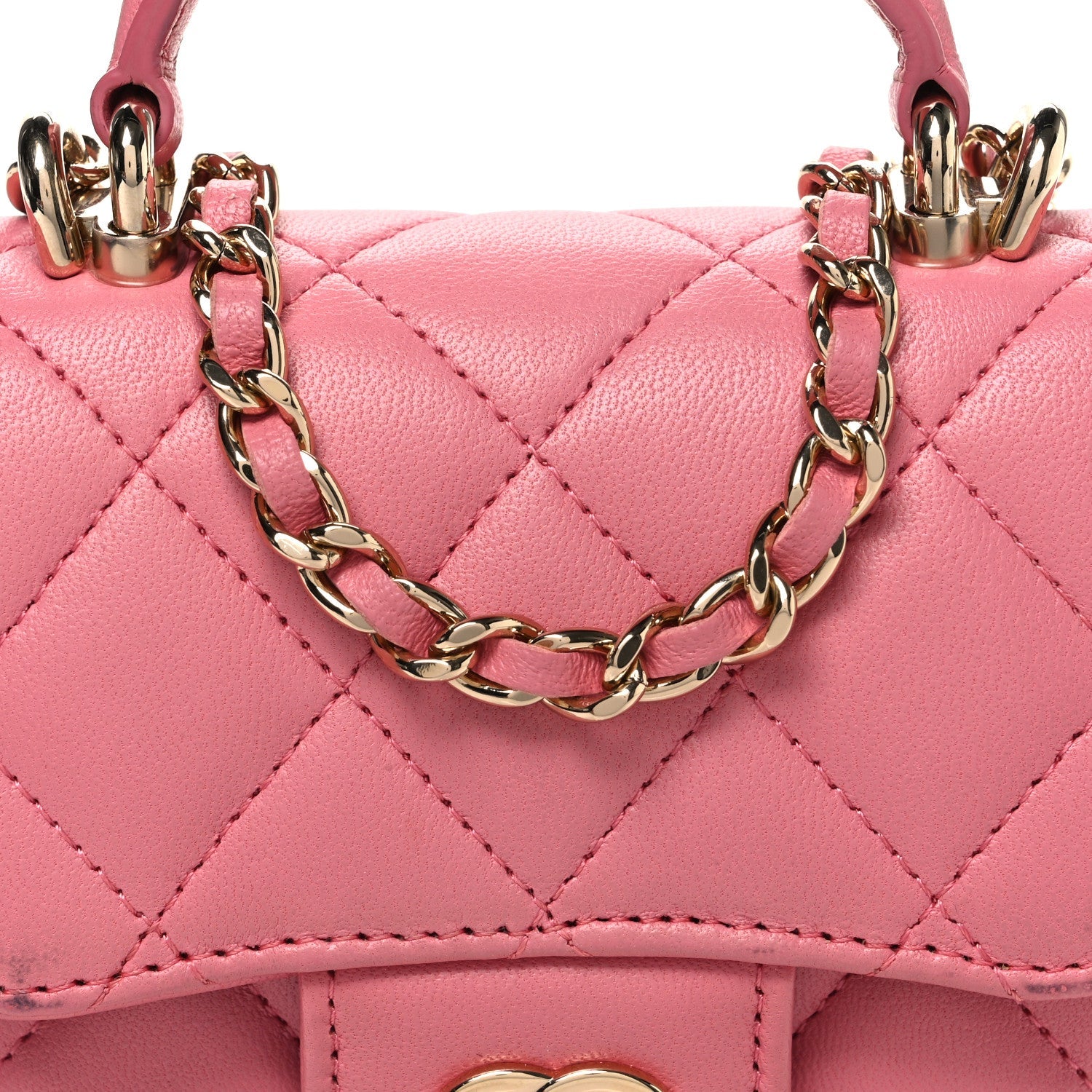 Lambskin Quilted Top Handle Clutch With Chain Pink