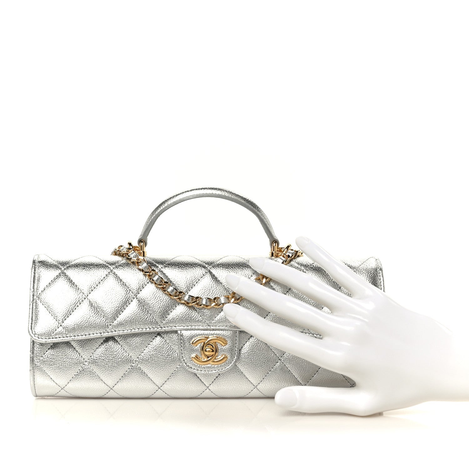 Metallic Caviar Quilted Top Handle Long Clutch With Chain Silver
