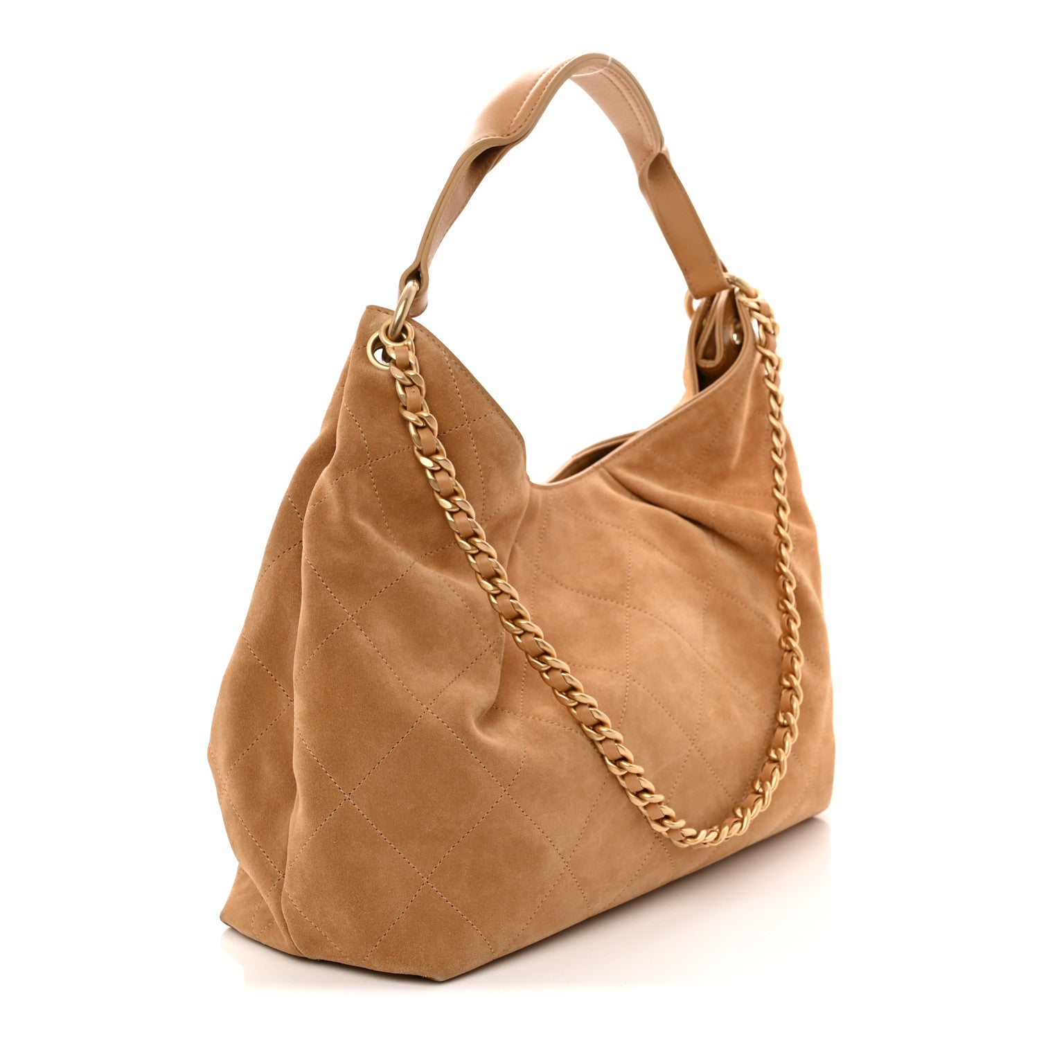 Suede Calfskin Lambskin Quilted Maxi Hobo Light Brown