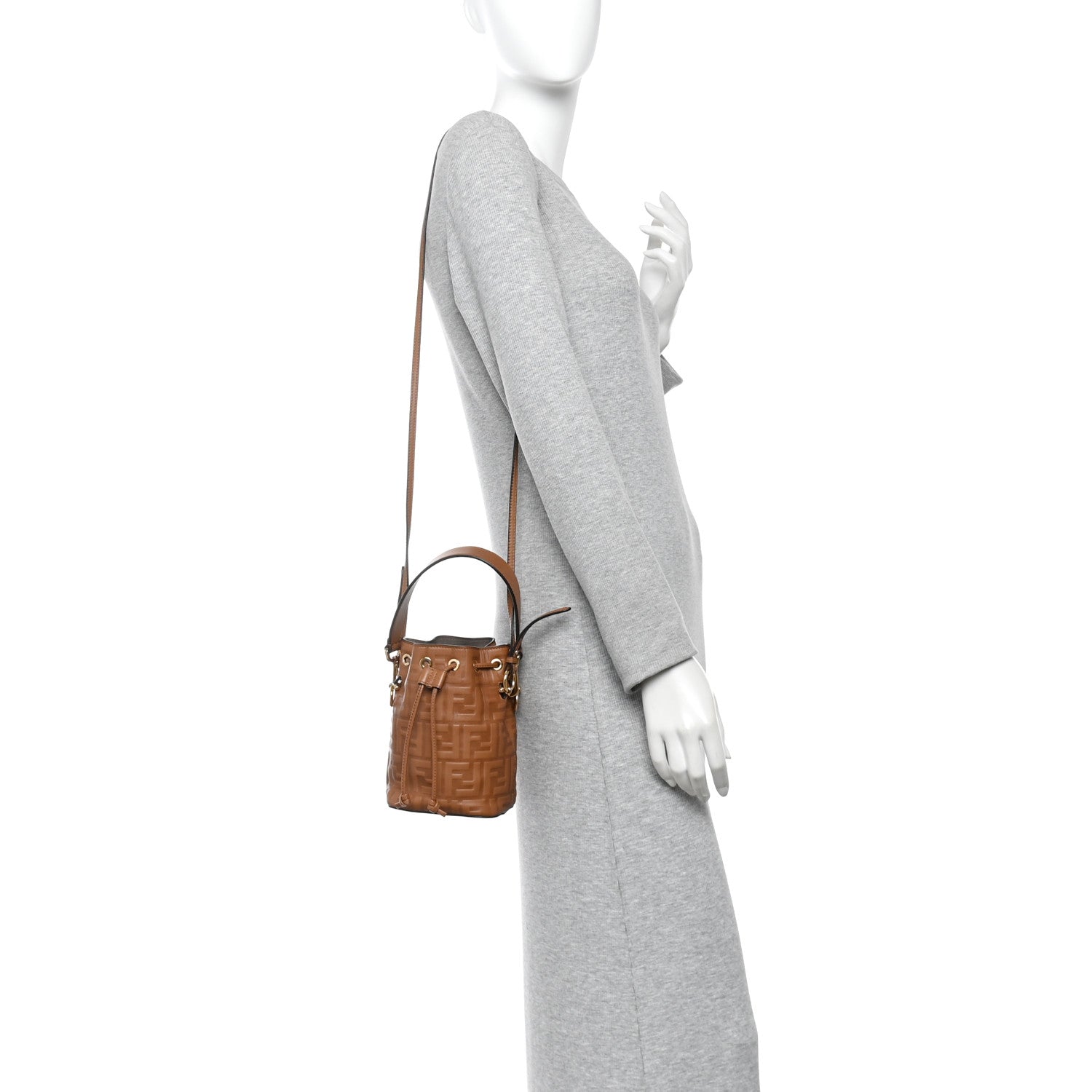 Vitello Cristallo Nature F is Fendi FF 1974 Embossed Mini Mon Tresor Bucket Bag Cuoio
