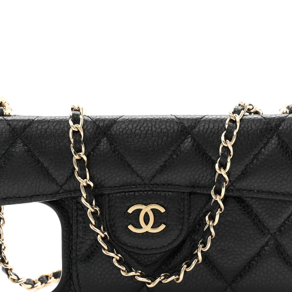 Caviar Quilted Pearl Crush iPhone 15 Pro Max Holder With Chain Black
