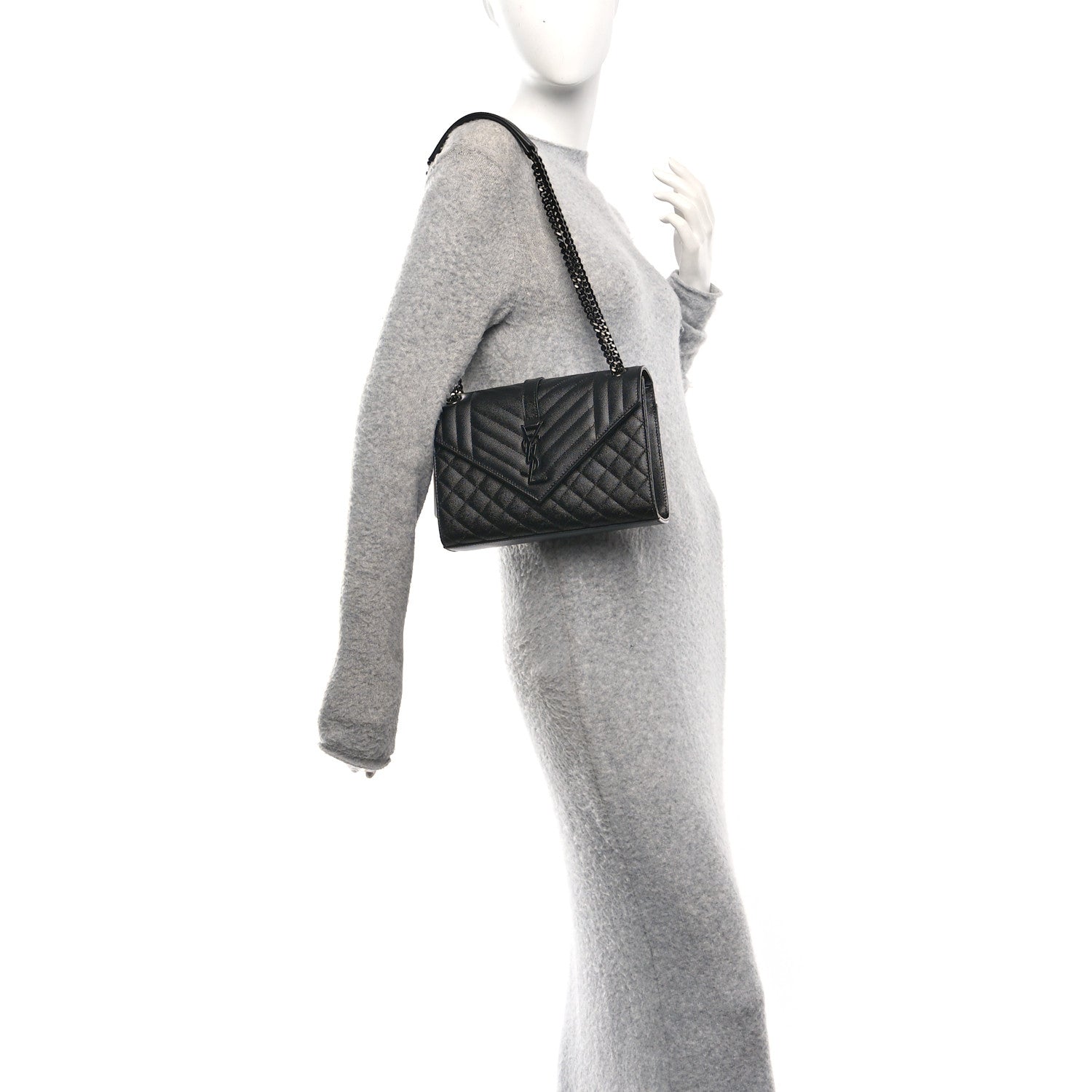 Grain De Poudre Textured Mixed Matelasse Triquilt Medium Monogram Monochrome Satchel Black