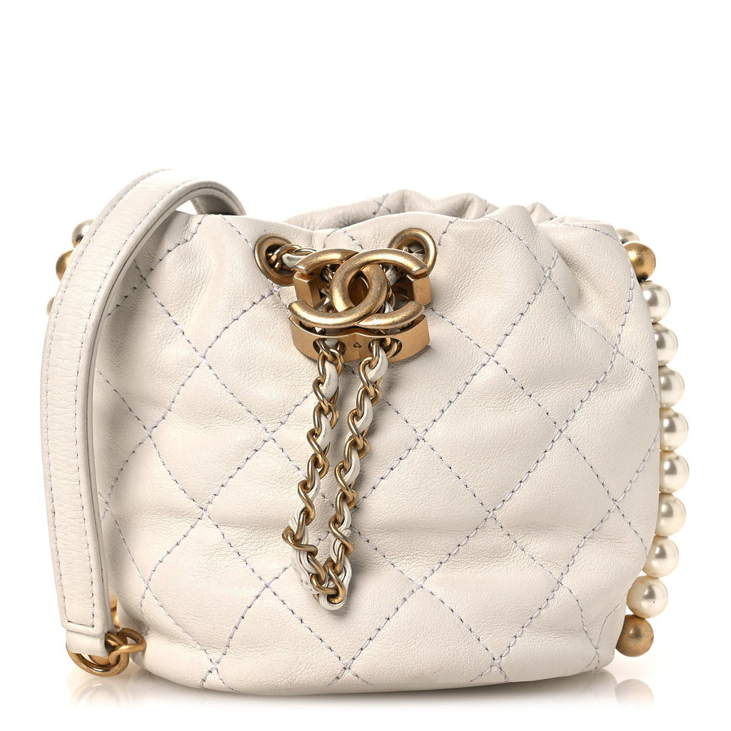 Calfskin Quilted Pearl Mini About Pearls Drawstring Bucket Bag  White
