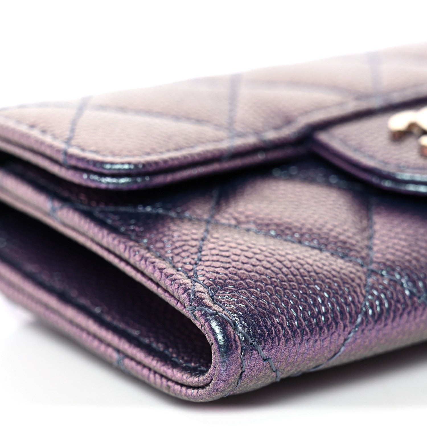 Iridescent Caviar Flap Quilted Card Holder Wallet Purple