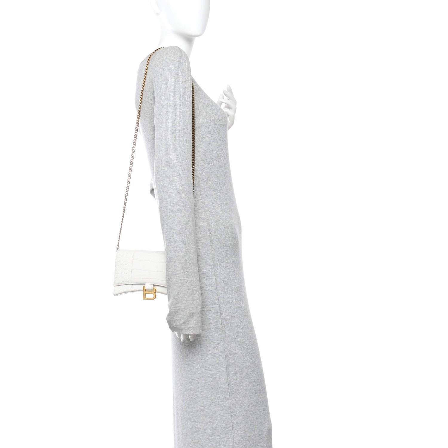 Shiny Calfskin Crocodile Embossed Hourglass Chain Bag White