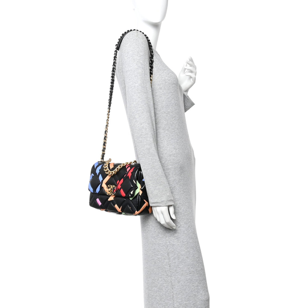 Lambskin Printed Fabric Medium Chanel 19 Flap Black Multicolor