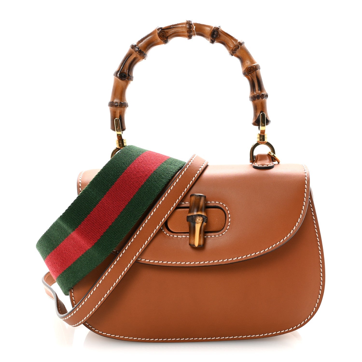 Boarded Dyana Lux Calfskin Web Small Bamboo 1947 Top Handle Bag Brown