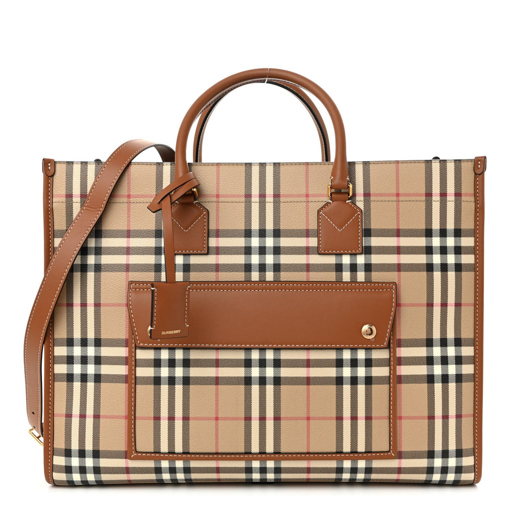 Canvas Vintage Check Calfskin Medium Freya Tote Briar Brown
