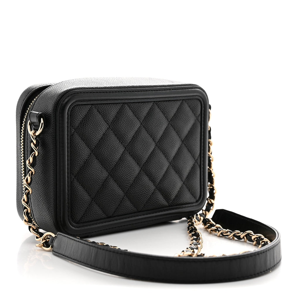 Caviar Quilted CC Filigree Vanity Clutch With Chain Black