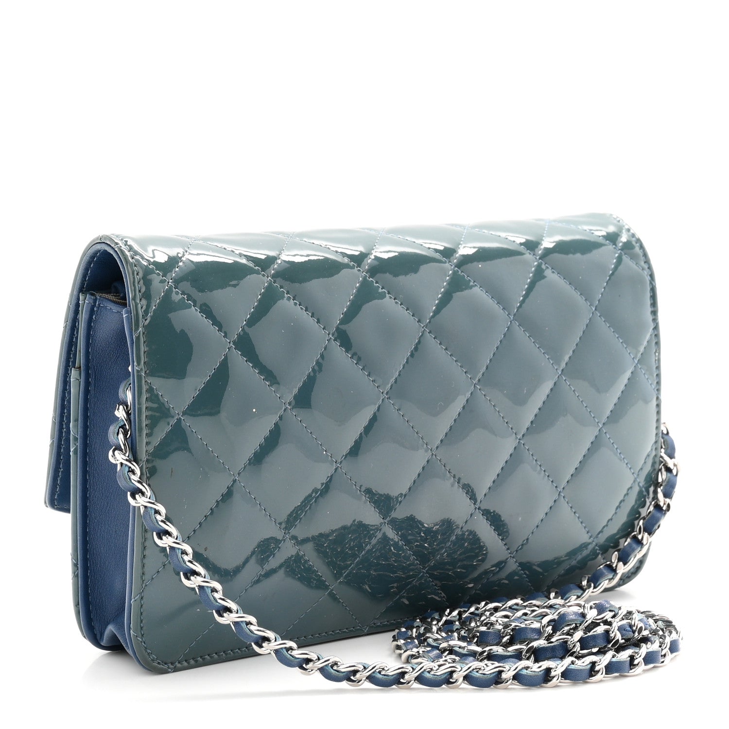 Patent Quilted Brilliant Wallet On Chain WOC Blue