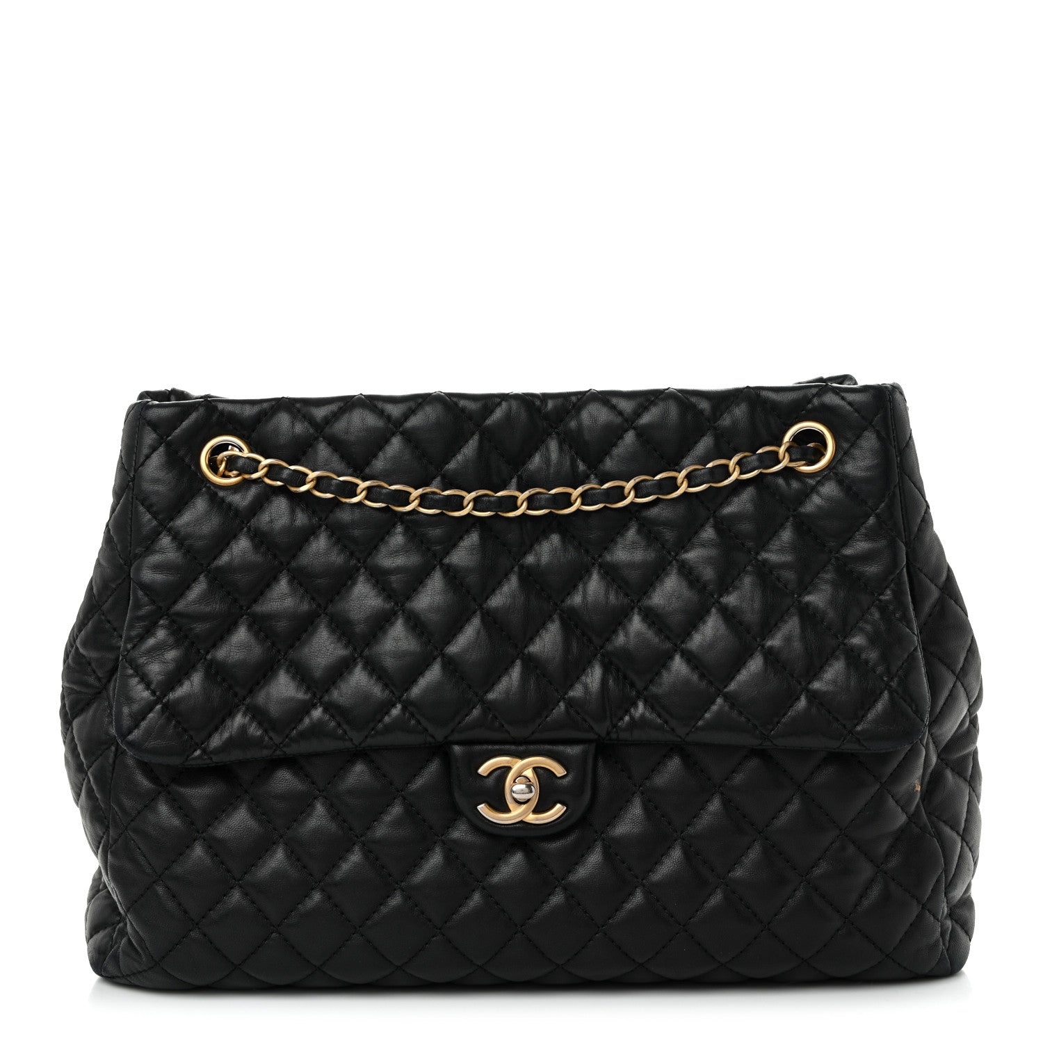 Lambskin Quilted Large Fluffy CC Shopping Tote Black