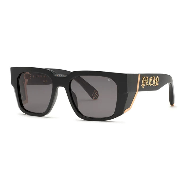 Philipp Plein Sunglasses Square Full Rim, Shiny Black Frame and Dark Grey Lens SPP130M0700