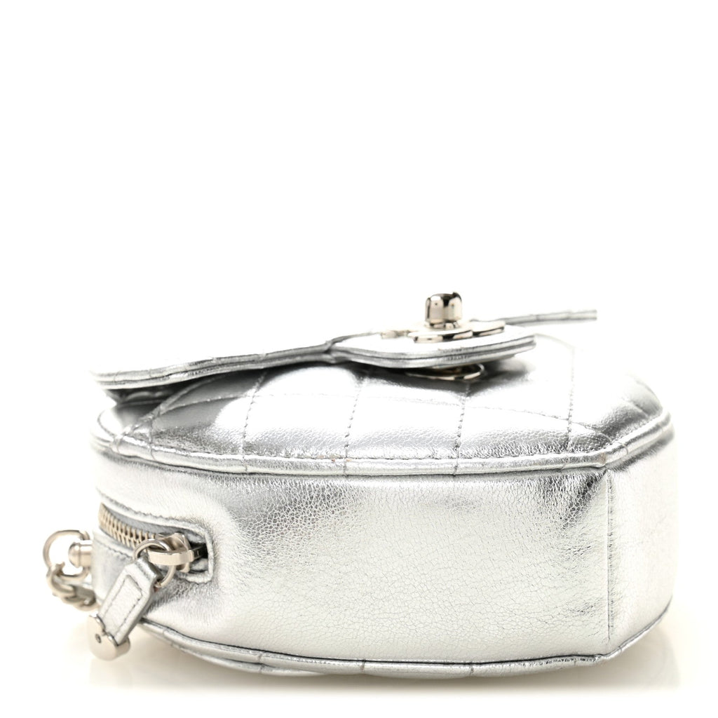 Metallic Lambskin Quilted CC In Love Heart Clutch With Chain Silver