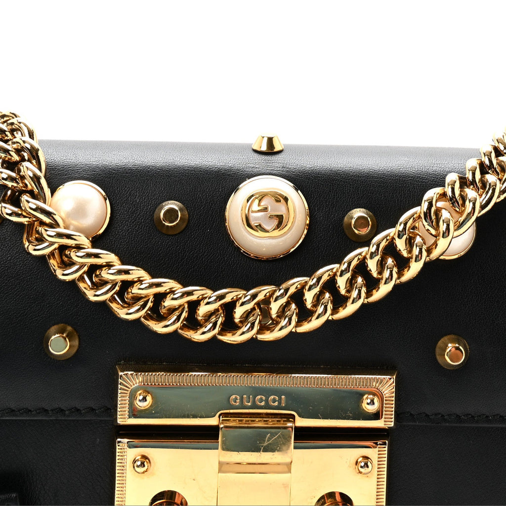 Calfskin Studded Small Padlock Shoulder Bag Black