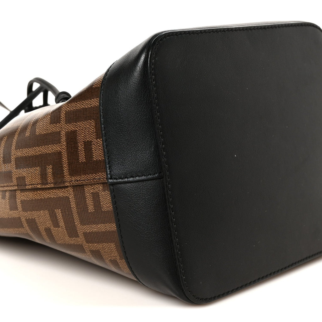 Glazed Fabric Vitello Grace F is Fendi FF 1974 Stamp Patch Grande Mon Tresor Bucket Bag Mogano Panna Black