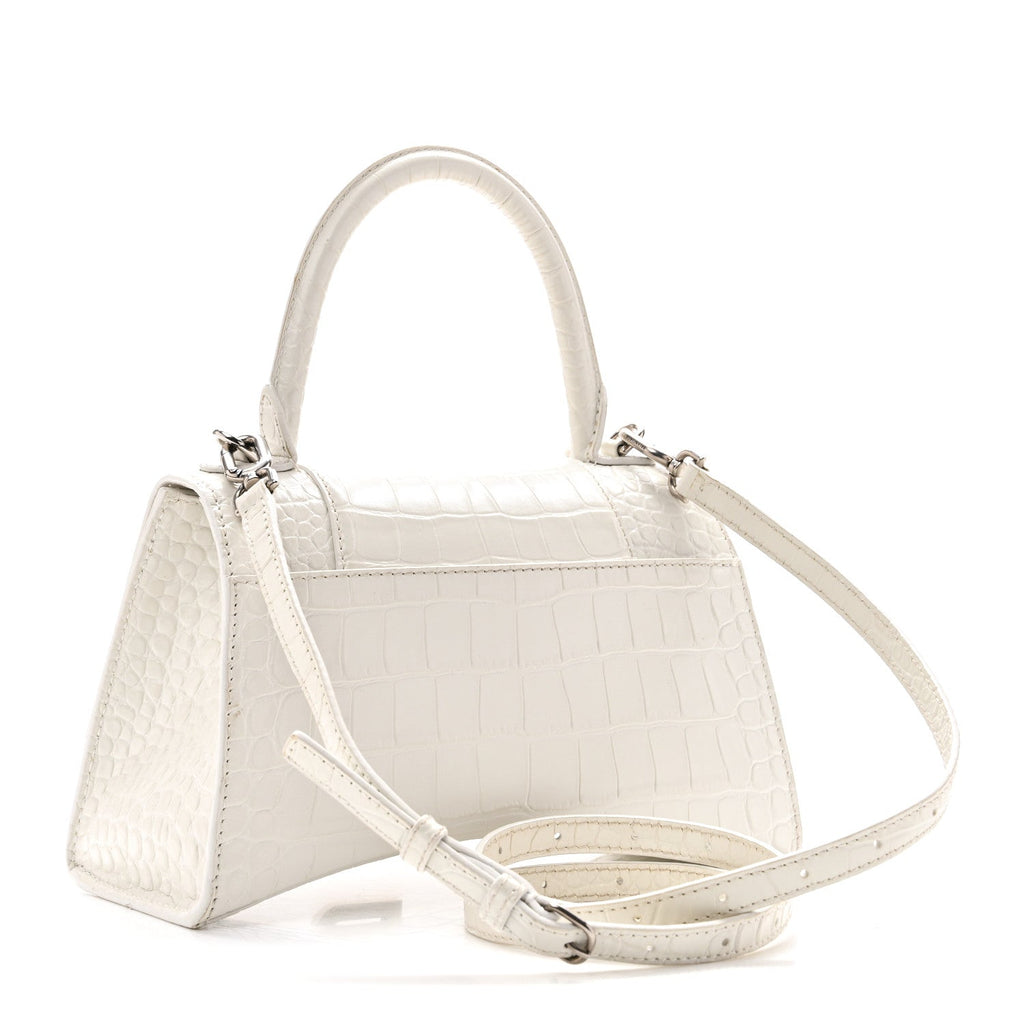 Calfskin Crocodile Embossed Small Hourglass Top Handle Bag White