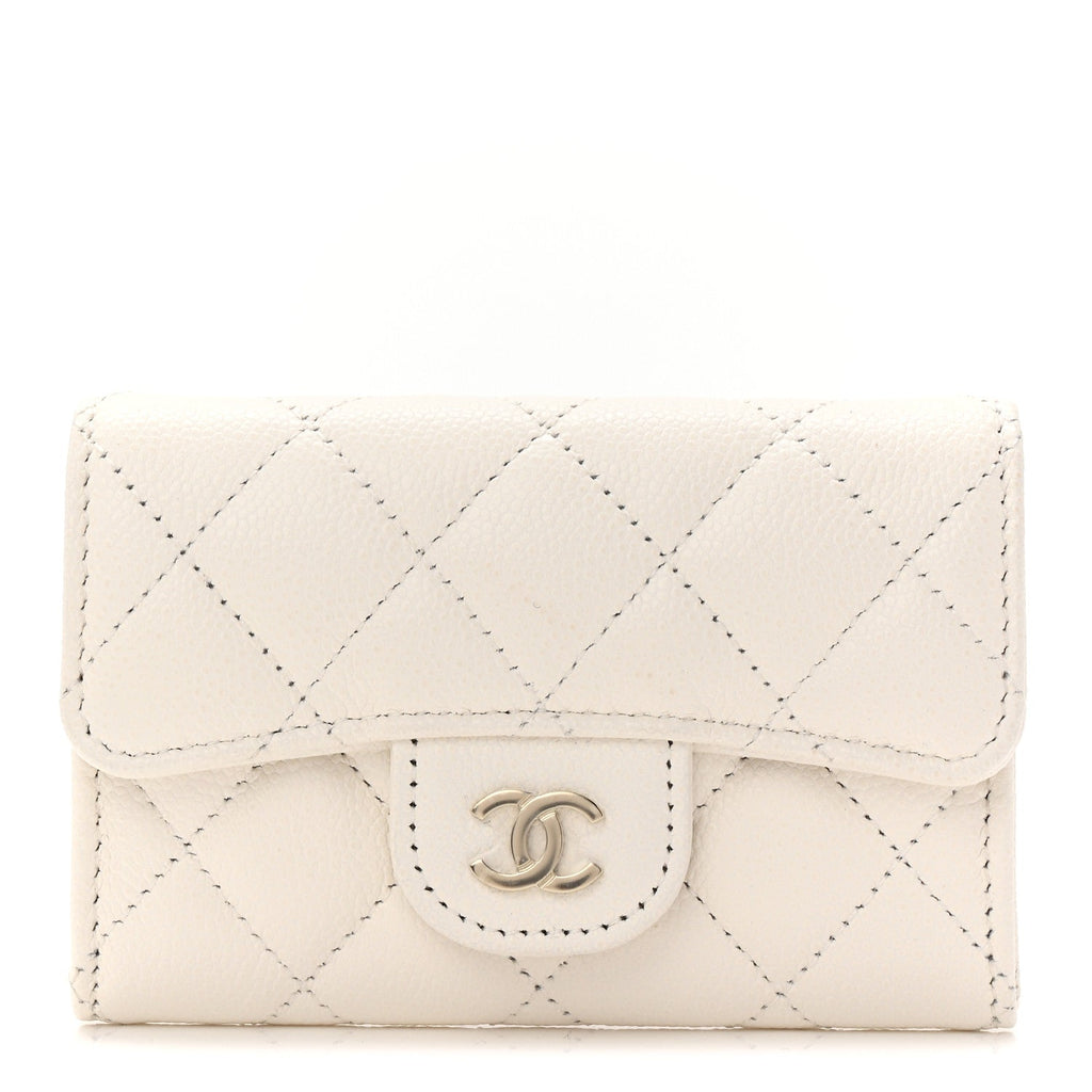 Caviar Quilted Flap Card Holder Wallet White
