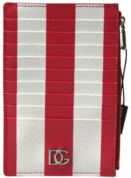 Dolce & Gabbana Red White Leather DG Logo Zip Card Holder Women's Wallet
