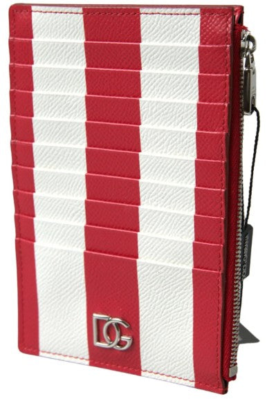 Dolce & Gabbana Red White Leather DG Logo Zip Card Holder Women's Wallet