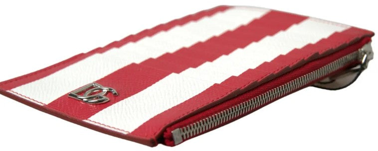 Dolce & Gabbana Red White Leather DG Logo Zip Card Holder Women's Wallet