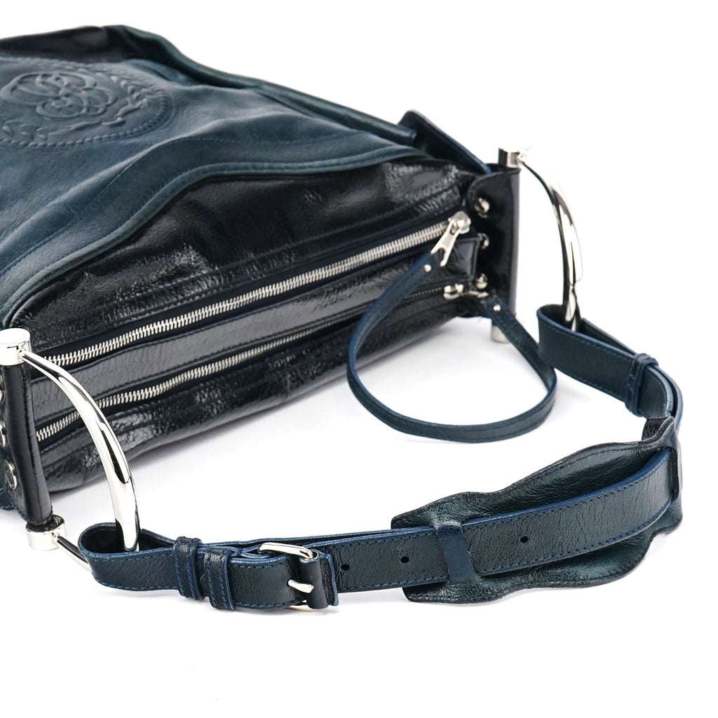 186340 Navy Leather Crest Logo Shoulder Bag