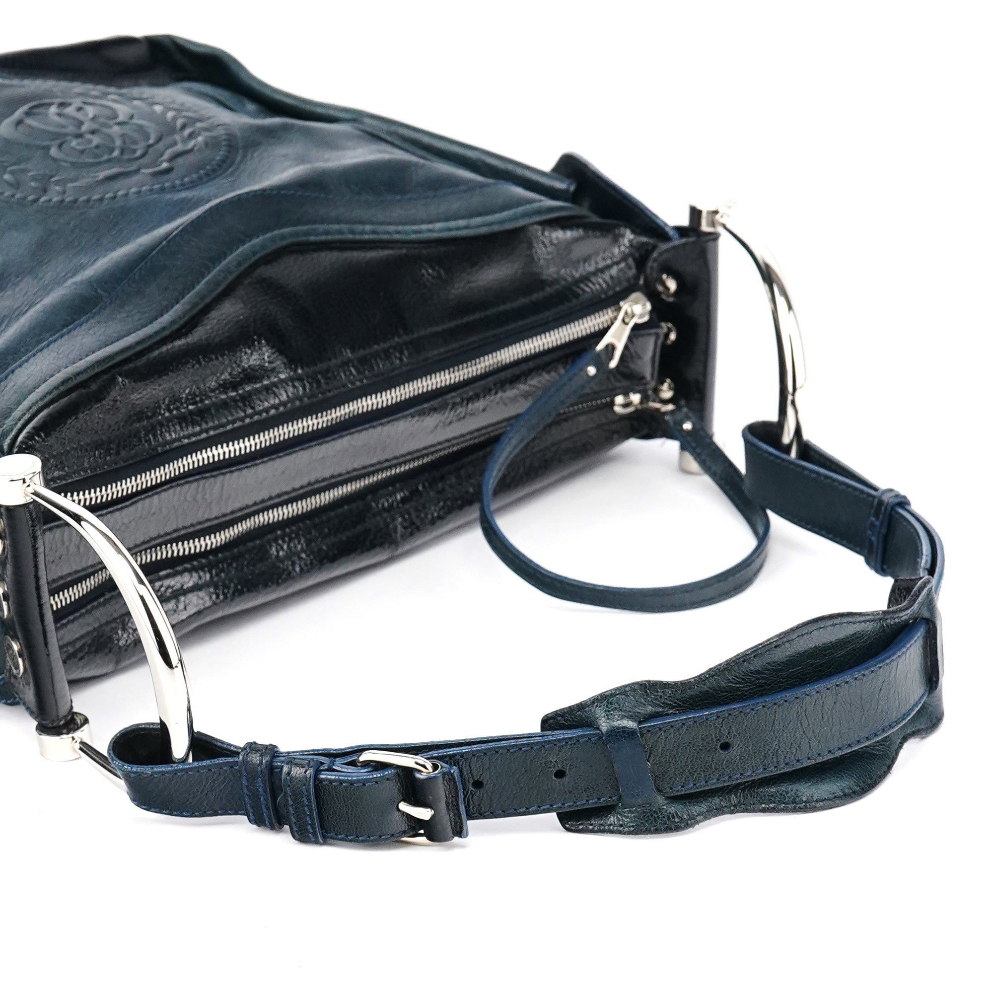 186340 Navy Leather Crest Logo Shoulder Bag