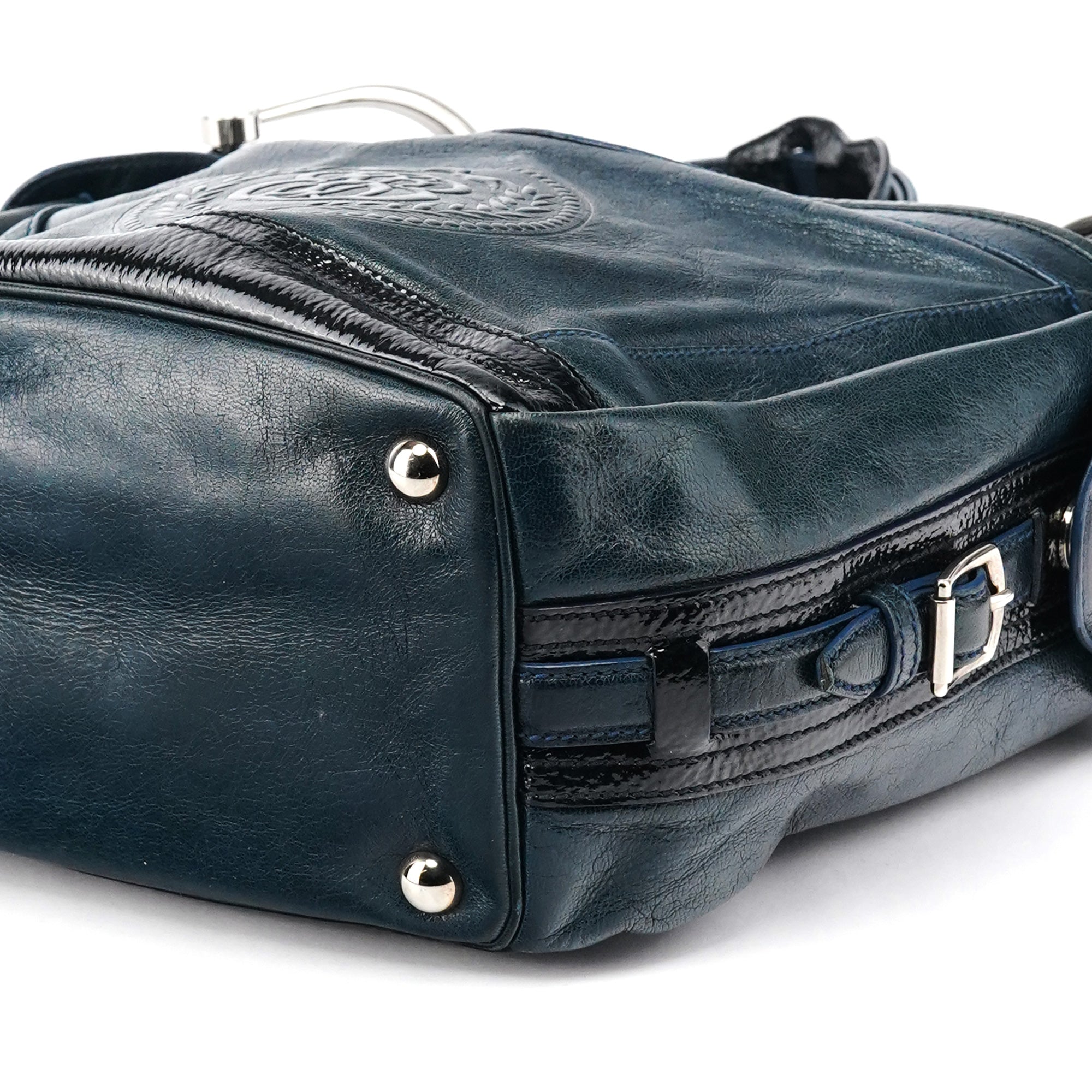 186340 Navy Leather Crest Logo Shoulder Bag