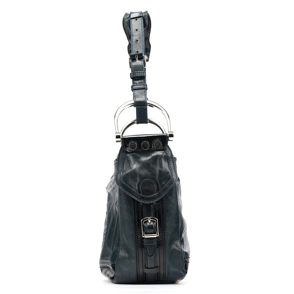 186340 Navy Leather Crest Logo Shoulder Bag