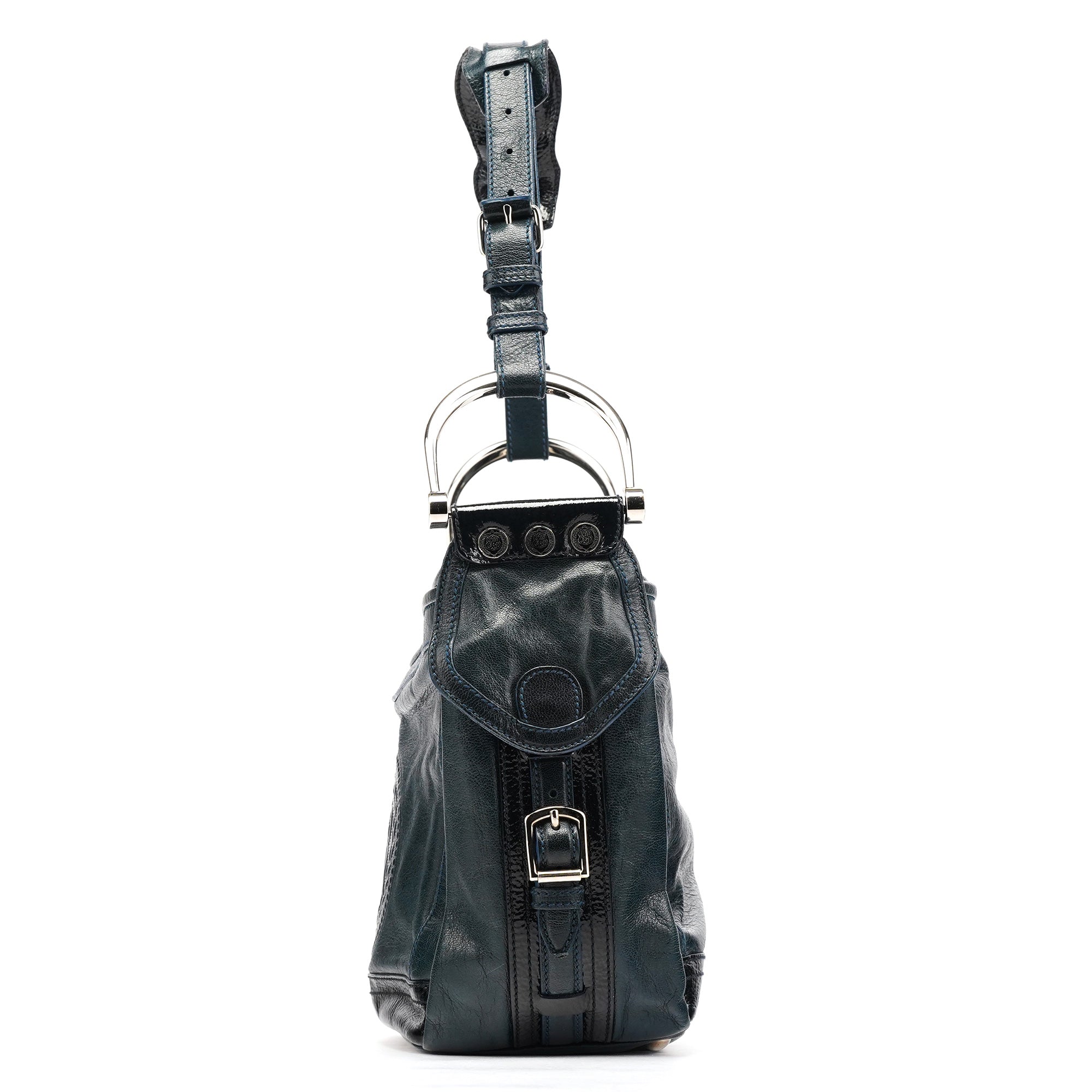 186340 Navy Leather Crest Logo Shoulder Bag